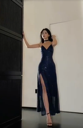Charming Sequins Slit Navy Blue Prom Dress Sexy Evening Dress Y7671