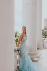 Fabelhaftes, säulenförmiges, ärmelloses, langes Ballkleid aus Tüll mit Spaghettiträgern und Applikationen