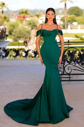 Vestido de fiesta largo de satén con cuentas, sin mangas, estilo sirena, color verde oscuro, a la moda