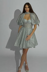 Fashionable Short Silver Glitter Homecoming Dresses with Short Sleeves