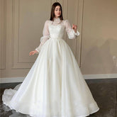 Organza A-Linie Applikationen Spitze Brautkleid Puff Long Sleeves High Neck Brautkleider Robe De Mariage Benutzerdefinierte TG001