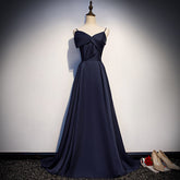 Dark blue satin long prom dress, simple evening dress s93