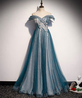 Blue tulle lace long prom dress off shoulder evening dress s105