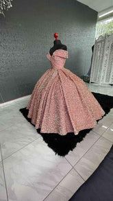 Sparkly Off The Shoulder Sequins Ball Gown Sweet 16 Dress Y1393