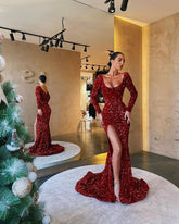 Modern Mermaid Scoop Neck Long Sleeves Dark Red Sequin Long Prom Evening Dresses Y1430