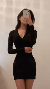 Black V Neck Dress Sexy Black Homecoming Dress Long Sleeves Party Dress Y1421