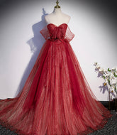 Burgundy tulle sequins long prom dress A line evening gown s55