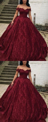 Charming Burgundy Lace Ball Gown Off Shoulder Wedding Dresses Y1564