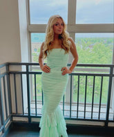 Mint Green Bandeau Fishtail Maxi Dress with Tiered Hem,Charming Mint Green Evening Dress Y1526