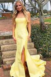 Simple Yellow Mermaid Satin Long Prom Dresses, Simple Yellow Mermaid Satin Long Prom Formal Evening Dresses Y1887