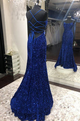 Mermaid Sequins Long Prom Dresses, Royal Blue Backless Evening Dresses Y1898
