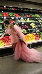 Charming Pink Tulle Hi-low Prom Dress,Strapless Pink Evening Dress Y1316