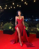 Red Sequins Mermaid Evening Dress with Split Sexy Prom Dress Y1640