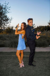 Vestido de fiesta corto azul de corte A para regreso a casa, Y1600