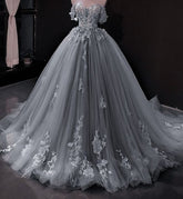 Blue lace applique elegant off the shoulder ball gown Y1578