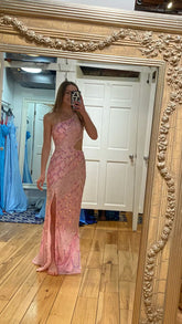 Chic One Shoulder Pink Sequins Evening Dress ,Sparkly Pink Evening Gown Y1633