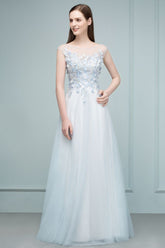 Floor Length A-line Sleeveless Appliqued Flowers Tulle Prom Dresses