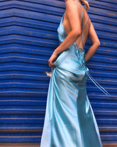 Gaby Blue Wrap Up Backless Satin Slip Dress Gown