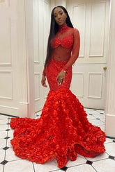 Glamorous Long Mermaid High Neck Flowers Sequined Prom Dress With Long Sleeves