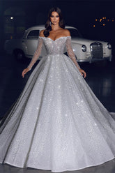 Glamorous Off-the-shoulder A-line Long Sleeves Lace Wedding Dress With Train