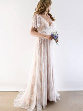 Gorgeous Long A-line V-Neck Lace Wedding Dresses with Cap Sleeves