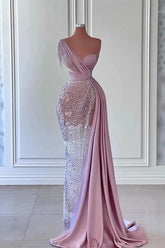 Hermosos vestidos de fiesta formales de satén con cuentas y corte sirena de un solo hombro