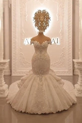 Wunderschöne lange schulterfreie rückenfreie Meerjungfrau-Brautkleider mit Kristallen