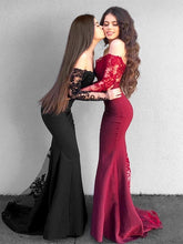 Gorgeous Mermaid Long Sleeves Off-the-Shoulder Applique Stretch Crepe Prom Dresses