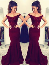 Gorgeous Mermaid Off-the-Shoulder Sleeveless Lace Elastic Woven Satin Prom Dresses