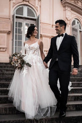 Gorgeous Spaghetti Straps Sleeveless A-Line Tulle Wedding Dresses with Pattern