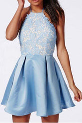 Halter Backless Lace Satin Blue Homecoming Dresses Short Prom Dress PD270