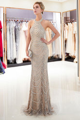 Halter Sleeveless Long Sequined Pattern Mermaid Evening Dress