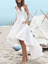 High Low A-Line V Neck Spaghetti Strap Satin Wedding Dresses with Pockets