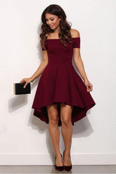 High Low Off The Shoulder Burgundy Short Prom Dress Homecoming Dress PD132