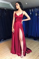 Satin Prom Dresses V-neckline Slit In Prom Dress SYP3