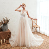 Illusion Neck Champagne Wedding Dress Sleeveless Summer Bridal Gown