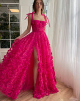 Kayleigh | Fuchsia Elegant A-line 3D Flower Lace Prom Dress With Slit