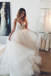 Ivory Court Train Straps A-line/Princess Beading Wedding Dresses WD116