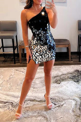 Black Gradient Cut Glass Mirror One-Shoulder Short Dress