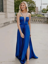 Kimia | A-Line Straps Royal Blue Pleated Chiffon Long Formal Dress with Bow Back