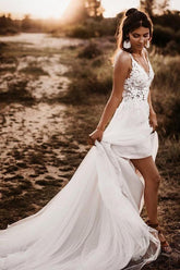 Lace Bodice V Neck Bridal Dresses Ivory Backless A Line Wedding Dresses WD468