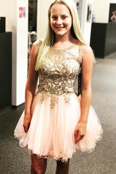 Lace-Up Beaded Cross Back Short Prom Dress Homecoming Dress PD306