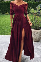Long A-line Off-the-shoulder Front Slit Burgundy Prom Dress with Sleeves