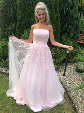 Langes trägerloses A-Linien-Ballkleid aus Tüllspitze in Rosa