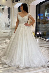 Long A-Line Sweetheart Backless Sequins Appliques Lace Wedding Dresses