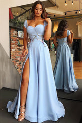 Long A-line Sweetheart Front Slit Prom Dresses with Cap Sleeves