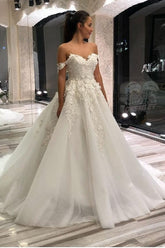 Long A-Line Sweetheart Off-the-Shoulder Appliques Lace Tulle Wedding Dress