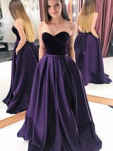 Long A-line Sweetheart Satin Backless Prom Dress Velvet Formal Graduation Evening Gowns with Pockets