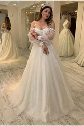 Long A-line Sweetheart Spaghetti Straps Gliiter Wedding Dress with Sleeves