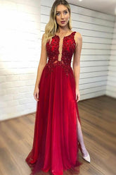 Long A-Line V-neck Chiffon Beading Red Prom Dresses with Slit